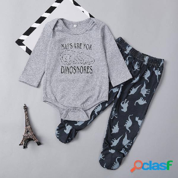 2Pcs Algodão Dino Print manga comprida Kids Baby Romper