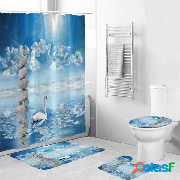 4pcs cortina de chuveiro impermeável casa Banheiro tapete
