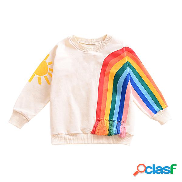 Arco-íris Padrão T-shirt de manga comprida de borla para