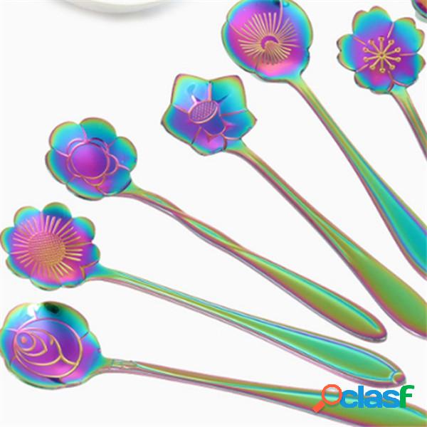 Arco-íris de aço inoxidável flor colher de mesa de chá