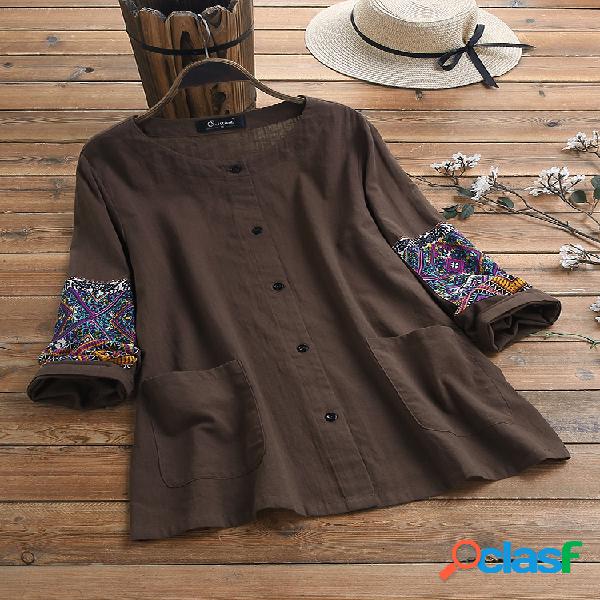 Blusa étnica de algodão com mangas compridas de retalhos