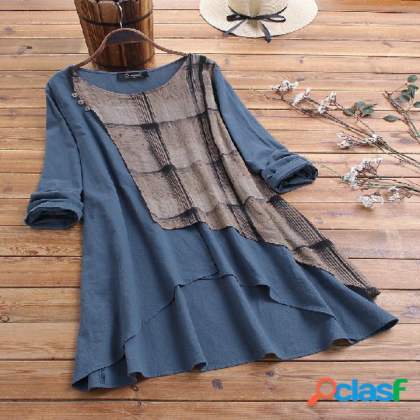 Blusa xadrez assimétrica de manga comprida de retalhos Plus