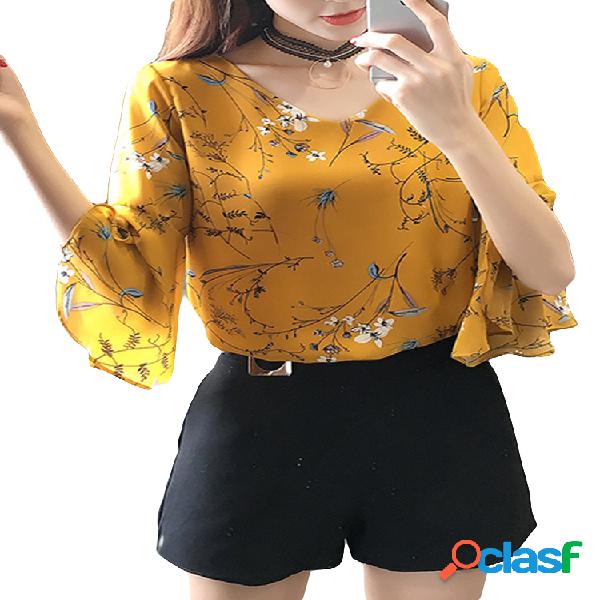Blusas de manga chiffon Floral impresso com decote em v