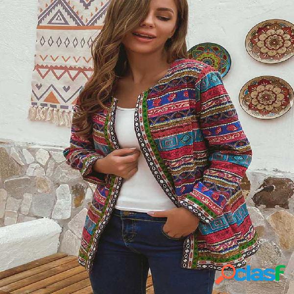 Bohemian Floral Print Ribbon Plus Casaco de algodão em