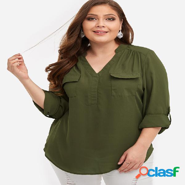 Bolsos casuais com decote em V de cor sólida Plus Blusa de