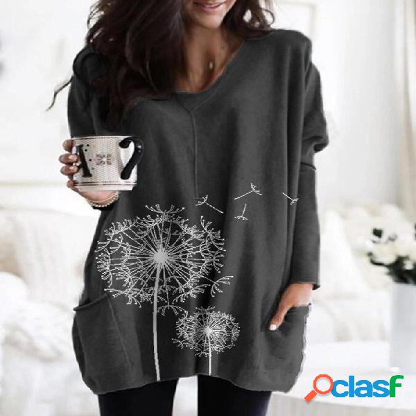 Bolsos de impressão de flor manga comprida blusa solta para