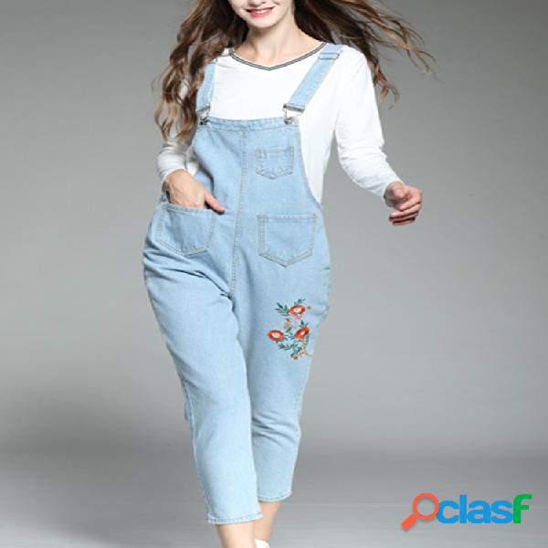 Bordado Floral Denim Casual Jumpsuit