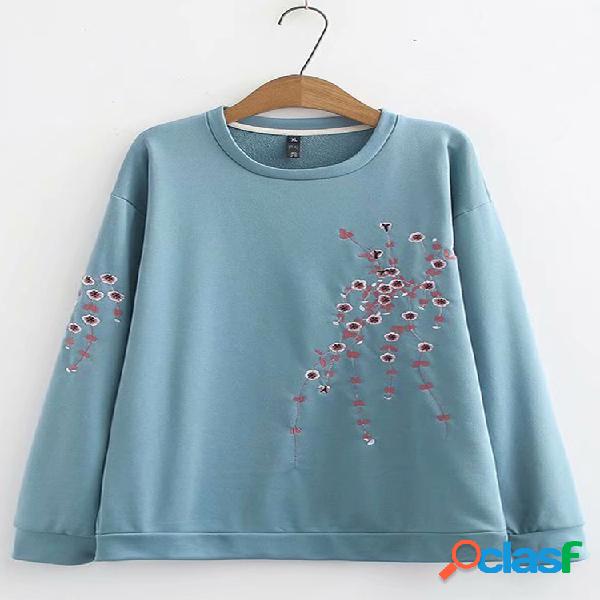 Bordado floral manga comprida Crewneck Plus moletom tamanho