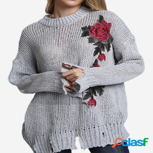 Bordado floral solto rasgado Hem O-pescoço camisola