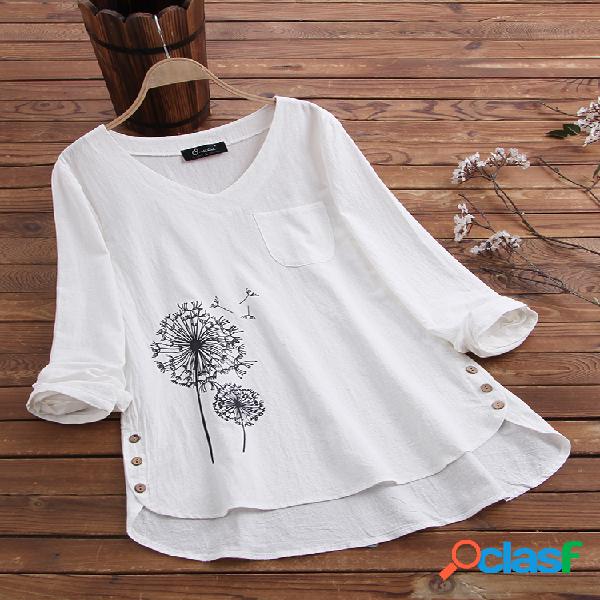 Botão Irregular de impressão de flor Hem V-neck Plus Blusa