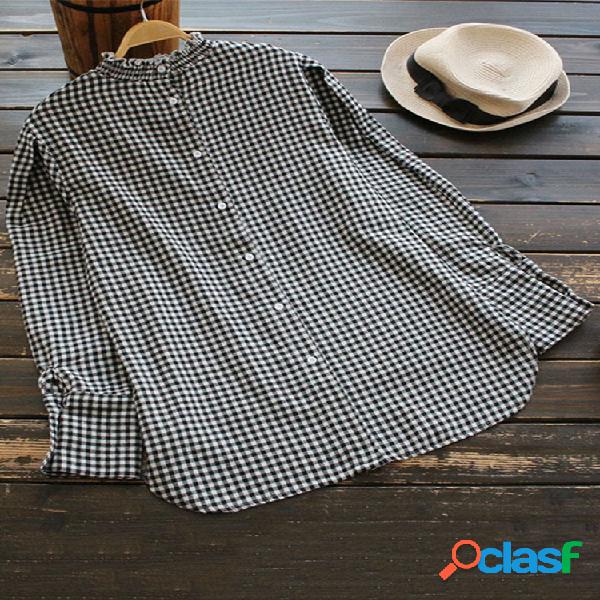 Botão de blusa de manga comprida vintage xadrez plissado