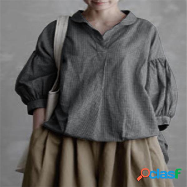 Camisa de mangas compridas de mangas compridas com decote em