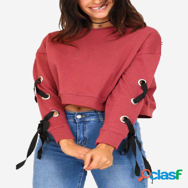 Camisola de manga comprida de bandagem de cor sólida