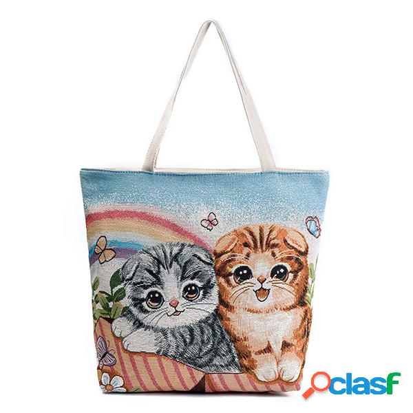 Canvas Cute Cat Padrão Tote Bolsa Ombro Bolsa Para Mulheres