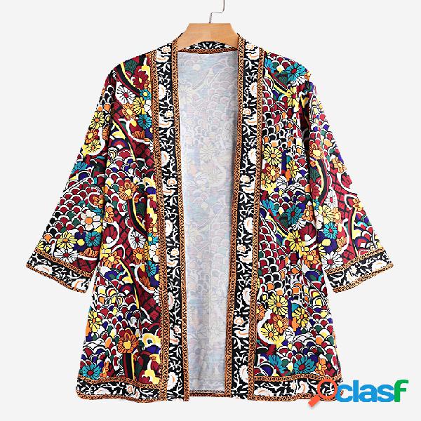 Casaco Fino com Estampa Floral Split 3/4 para Mulheres