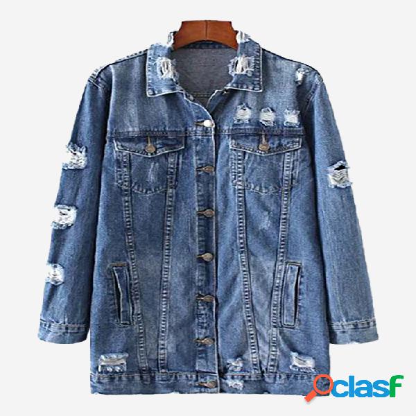 Casaco de Denim Manga Comprida Casual Rasgado