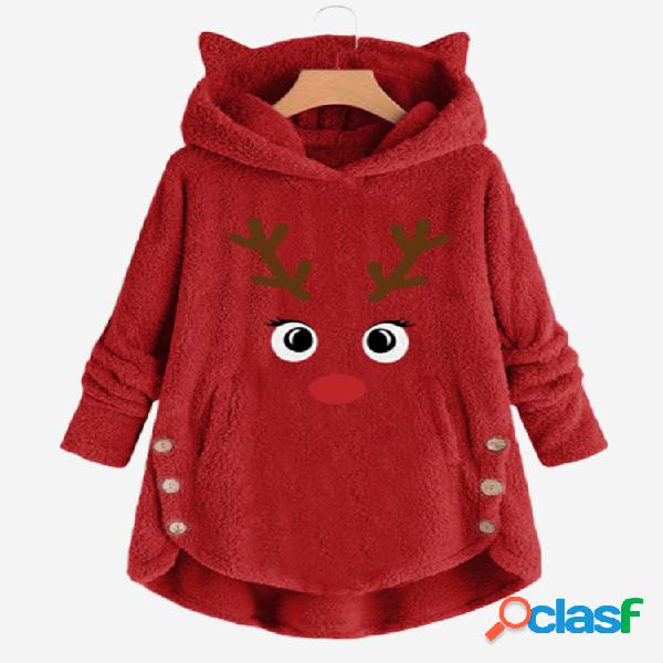 Casual Bordado Adorável Natal Deer Side Button Fleece