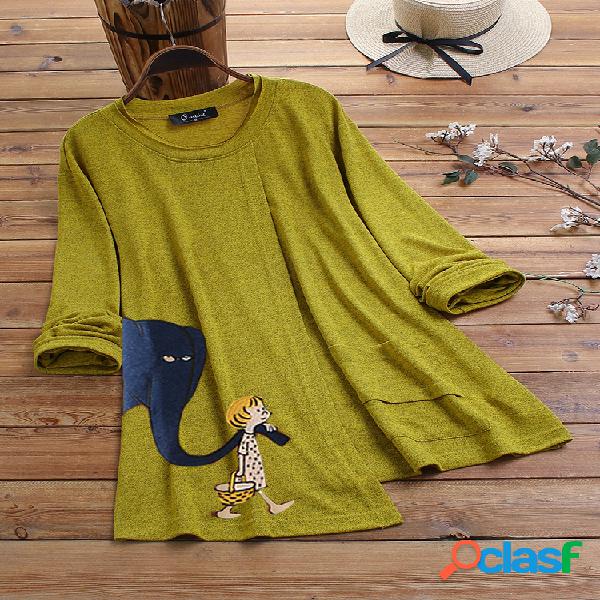 Casual Elephant Print Irregular Crew Neck Plus Blusa de