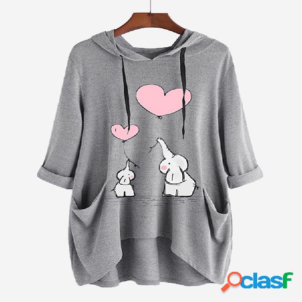 Casual Elephant Print Pockets Hoodies de manga comprida