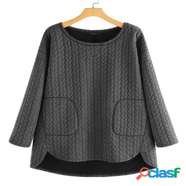 Casual Jacquard Bolsos Alta Baixa Hem Blusa Para Mulheres