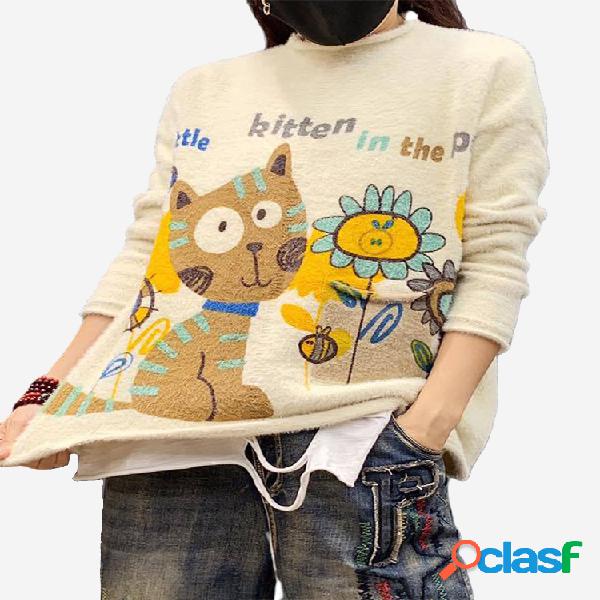 Casual Print Cat Camisola de manga comprida para mulheres