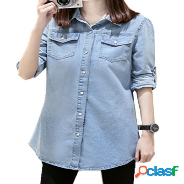 Casual Turn-down Collar Manga Comprida Slim Denim Shirt