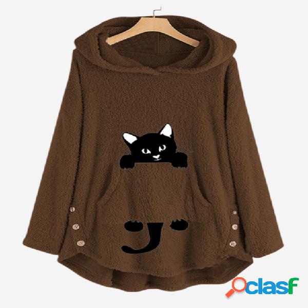 Casual engraçado gato imprimir bolso aéreo velo hoodies