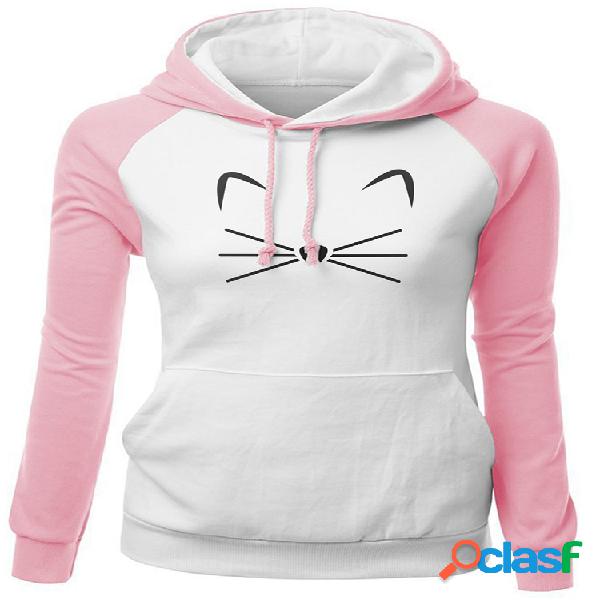 Cat Drawstring Pocket Hoodie solto para mulheres