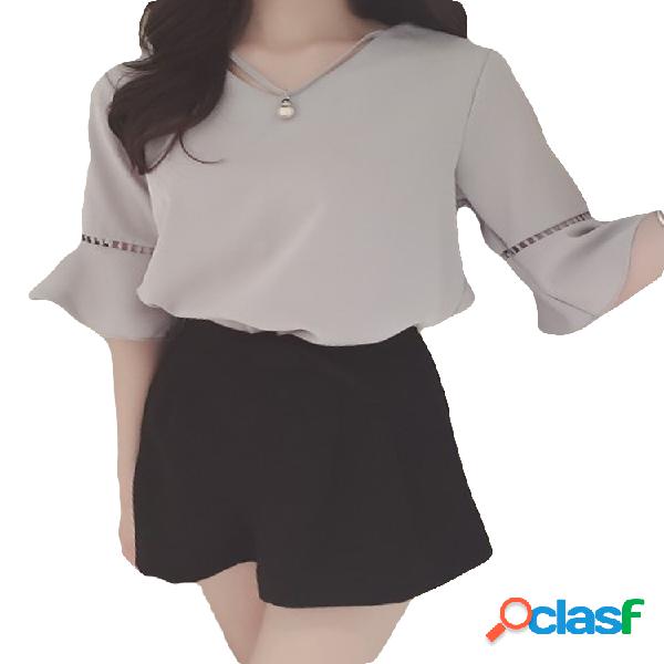 Chiffon Oco V-neck Bell Sleeve T-shirts