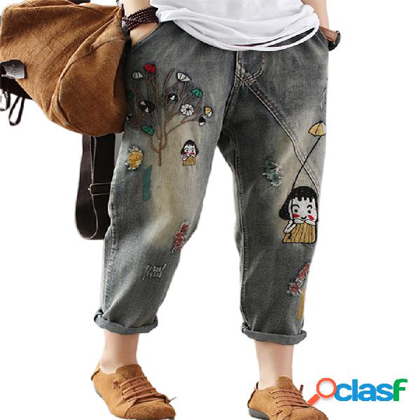 Cintura elástica bordada Patchwork Jean Casual Mulheres