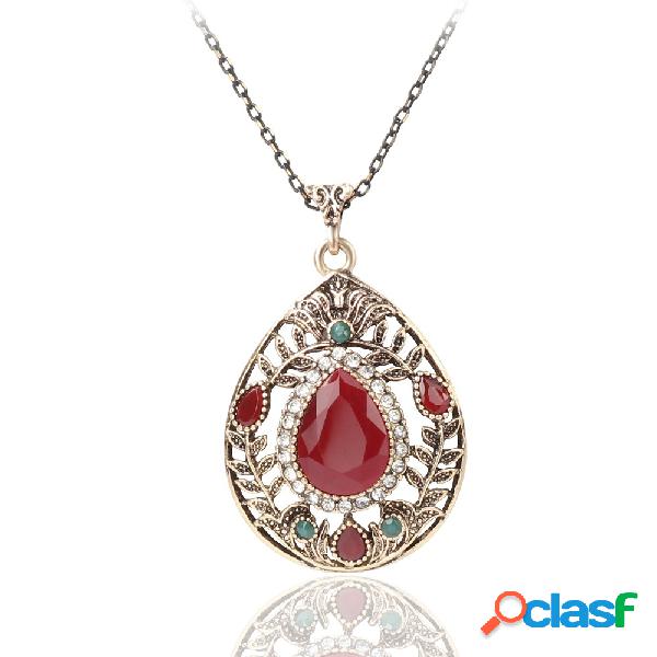 Colar de Pingente de Vintage Folha Oco Red Gemstone Gota de