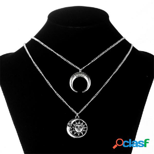 Colar de Pingente de Vintage Lua Sol Charme Cadeia