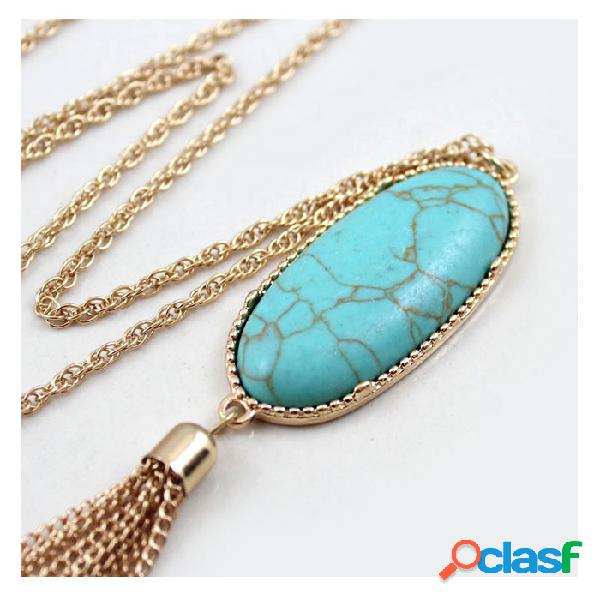 Colar de Pingente de Vintage Oval Colorido Rocha Cadeia