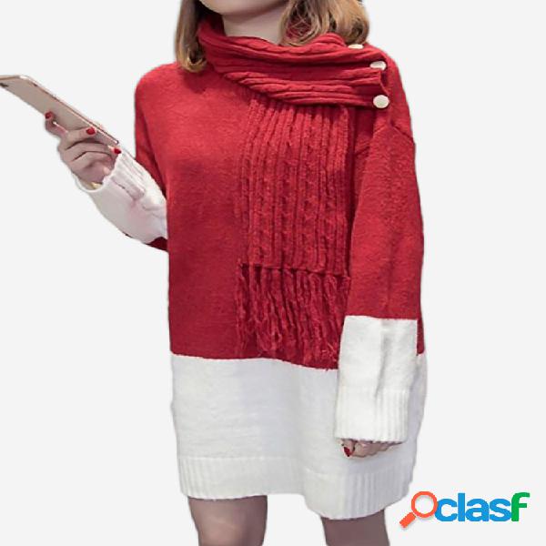 Contraste Cor Cachecol Collar Casual Knited Sweater