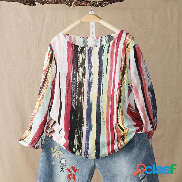 Crew Neck Multicolor Stripe Blusa de manga comprida para