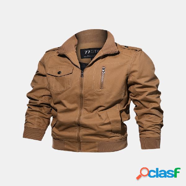 Estilo militar moda gola multi-bolsos botões decorações