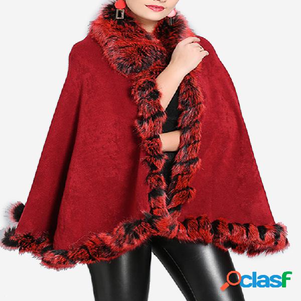 Faux Fox Fur Collar Knit Shawl Outono Inverno Casacos