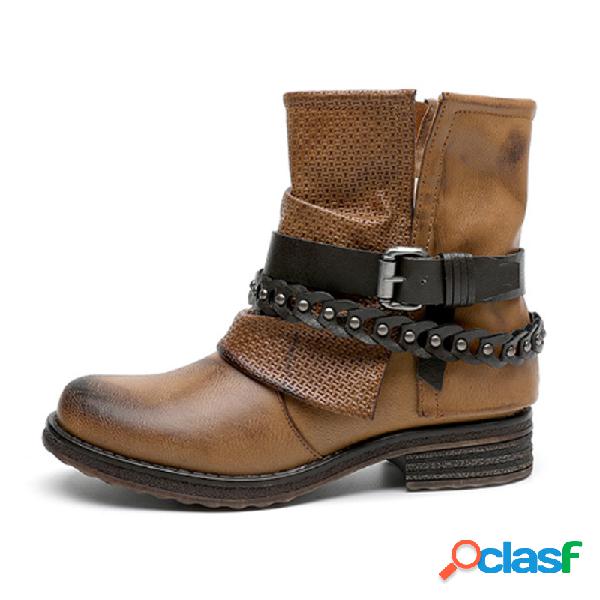 Fivela de couro cadeia decoração botas com zíper