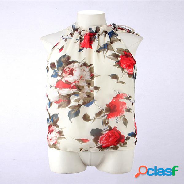 Floral Impresso Halter Neck mangas T-shirt Chiffon