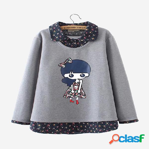 Floral Impresso Turn-down Color Sweatshirt de Duas Peças