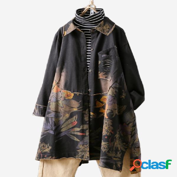 Floral Imprimir Patchwork Denim Jacket manga comprida para