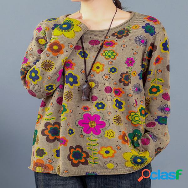 Flores Imprimir manga comprida Vintage Sweater para Mulheres