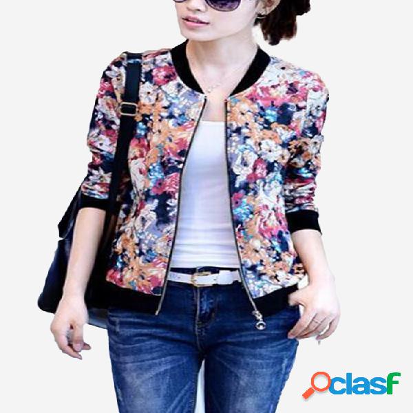 Flores impressão zíper o-pescoço cardigan jaqueta
