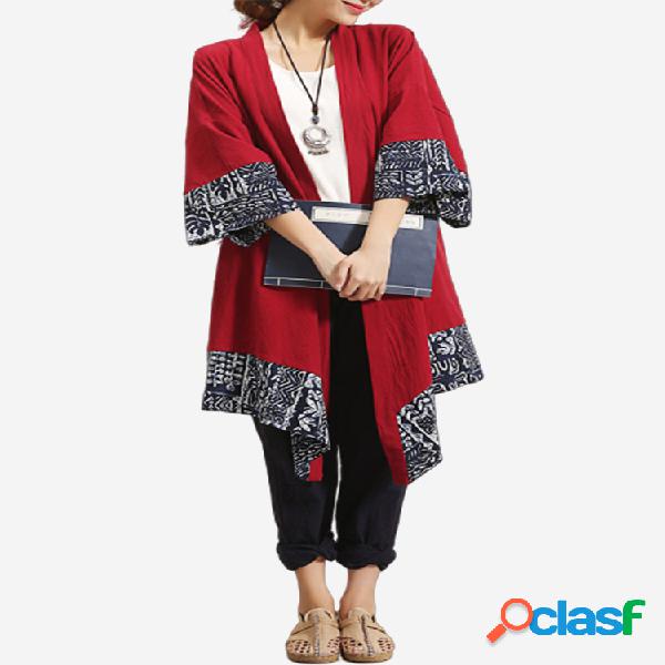 Folk Style Print Irregular manga comprida Vintage Coat