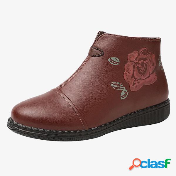 Forro de pele quente de impressão de flores Botas pretas