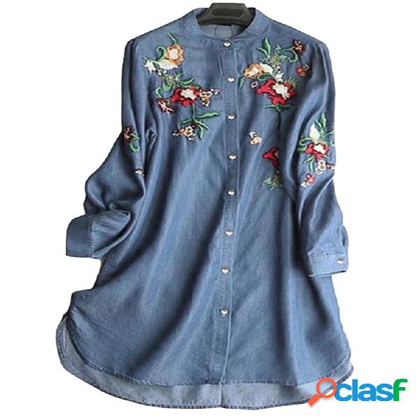 Gola bordada irregular manga comprida blusa vintage