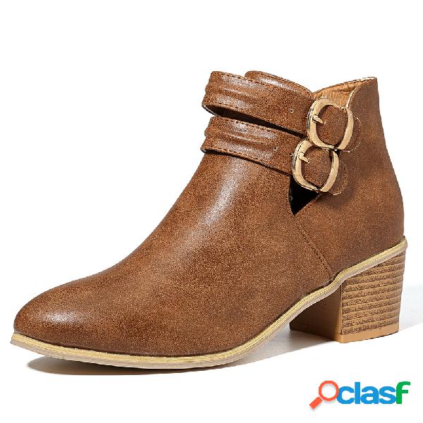 Grande tamanho Metal Amêndoa Toe Buckle Chunky Heel Ankle