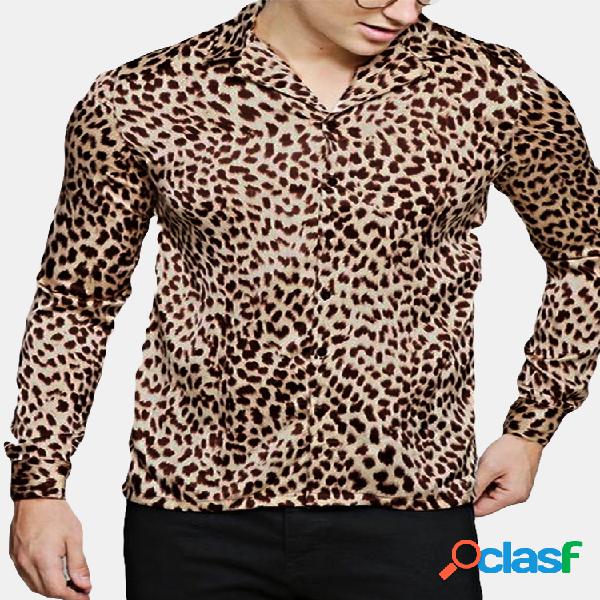Homens Casual Leopard Impresso Turn Down Collar Slim Fit