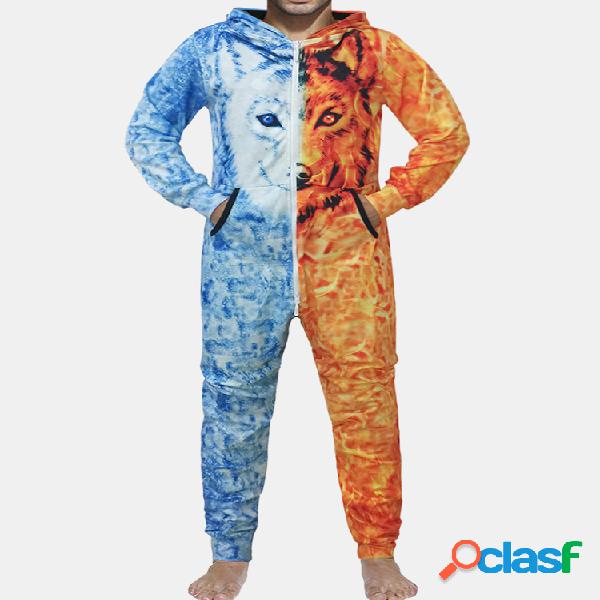 Homens Contraste Cor Lobo Imprimir Loungwear Jumpsuit Casa