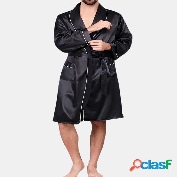 Homens Faux Silk Black Pijamas Robe Smooth respirável